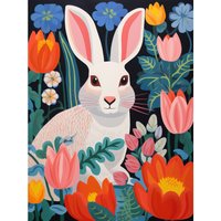 Wall Art Print Bunny Rabbit Colourful Bold Vibrant Flowers Bedroom Floral Artwork Garden Spring Blooms Poster W18" x H24"