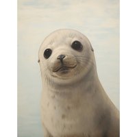 Wall Art Print Adorable Seal Pup Portrait Oil Painting Calming Bedroom Cute Arctic Animal Artwork Poster W18" x H24"