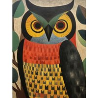 Artery8 Wall Art Print Folk Art Geometric Owl Boho Colours Yellow Coral Green Bold but Subtle Artwork Poster | Size: W18" x H24"