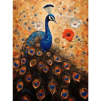 Artery8 Wall Art Print Peacock Bird Gustav Klimt Style Oil Painting Gold Orange Blue Portrait with Flowers Poster | Size: W18" x H24"