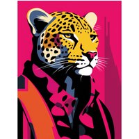 Artery8 Wall Art Print Strong Leopard in Suit Bold Artwork Orange Pop Art Hot Pink Vibrant Portrait Poster | Size: W18" x H24"