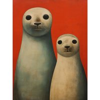 Artery8 Wall Art Print Seal Pups Portrait White Cream On Red Crimson Coral Detailed Oil Painting Poster | Size: W18" x H24"