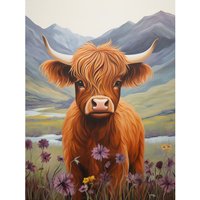 Artery8 Wall Art Print Kids Bedroom Nursery Artwork Highland Calf Cow in Heather & Cornflower Glen Scotland Poster in Brown | Size: W18" x H24"