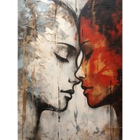 Artery8 Wall Art Print Affection Thick Paint Oil Painting Red Bold Blue Gay Lovers Emotional Connection Women Love Lesbian Poster | Size: W18" x H24"