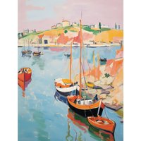 Artery8 Wall Art Print Boats in Harbour Fishing Village Coastal Landscape Colourful Abstract Watercolour Painting Poster in Blue | Size: W18" x H24"