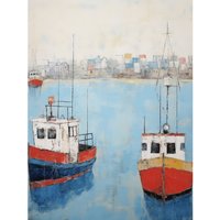 Artery8 Wall Art Print Trailer Trawler Boats in Harbour Oil Painting Red Blue Abstract Coastal Town Bathroom Artwork Poster | Size: W18" x H24"