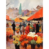 Artery8 Wall Art Print Busy Flower Market Warm Amber Orange Yellow Oil Painting Poster | Size: W18" x H24"