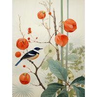 Artery8 Wall Art Print Small Bird on Blooming Tree Branch Botanical Artwork Red Teal Nature Study Audubon Style Poster | Size: W18" x H24"