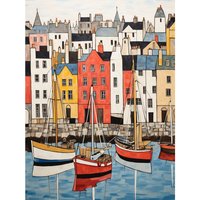Artery8 Wall Art Print Colourful Town Harbour Acrylic Painting Red Yellow Blue Fishing Boats Coastal Townscape Poster | Size: W18" x H24"