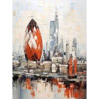 Artery8 Wall Art Print London Skyline Abstract Oil Painting Thick Paint Red Gherkin Building River Thames England City Poster | Size: W18" x H24"