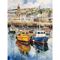 Artery8 Wall Art Print Penzance Harbour Trawler Boats Promenade Watercolour Painting Cornwall Coastal Townscape Poster | Size: W18" x H24"