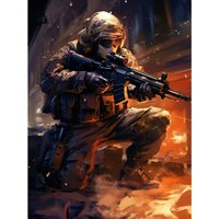 Artery8 Wall Art Print Army Warfare Desert Sniper Explosion Flames Oil Painting Soldier Action Scene Poster in Black | Size: W18" x H24"