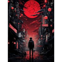Artery8 Wall Art Print Midnight Blood Moon in Tokyo Conceptual Artwork Gothic Street Japan Cityscape Poster in Red | Size: W18" x H24"