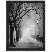 Artery8 Wall Art Print Snow Covered Street in the Misty Glow of Light Posts Atmospheric Black & White Photograph Large Framed Wall Dรฉcor Art