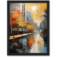 Artery8 Wall Art Print Cityscape River Canal Oil Painting Blue Orange Trees Autumn in the City Large Framed Wall Décor Art | Size: W18" x H24"