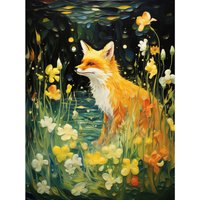 Artery8 Wall Art Print Fox Dream Floral Yellow Oil Painting Orange White Dreamscape of Lily Flowers in Spring Poster in Black | Size: W24" x H32"