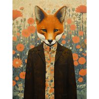 Artery8 Wall Art Print Portrait of Dressed Fox in Suit & Shirt Floral Background Orange Brown Autumn Tones Poster | Size: W24" x H32"