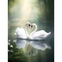 Artery8 Wall Art Print Elegant Love Heart Swans Photo Misty Morning River Scene Love Romance Poster in White | Size: W24" x H32"