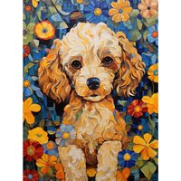 Artery8 Wall Art Print Cockapoo Puppy Oil Painting Colourful Bright Bold Floral Fun Poster in Blue | Size: W24" x H32"