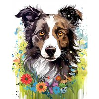 Artery8 Wall Art Print Border Collie Dog Bright Watercolour Painting Floral Portrait with Wildflowers & Butterflies Poster | Size: W24" x H32"