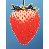 Artery8 Wall Art Print A Single Strawberry Block Colour Artwork Red on Blue Bold Bright Minimalist Kitchen Decor Poster | Size: W24" x H32"