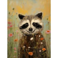 Wall Art Print Gleeful Raccoon Picking Flowers Oil Painting Red Blooms Spring Meadow Landscape Bedroom Poster W24" x H32"