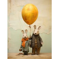 Artery8 Wall Art Print Cute Nursery Artwork Rabbits & Balloon Adventure Oil Painting Poster in Yellow | Size: W24" x H32"