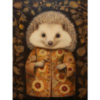Artery8 Wall Art Print Autumn Hedgehog in Sunflower Robe Modern Artwork Poster in Brown | Size: W24" x H32"