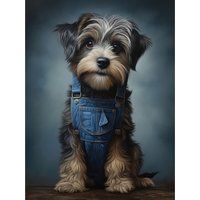 Artery8 Wall Art Print Adorable Snorkie Dog in Blue Jean Dungarees Realistic Artwork Fun Pet Portrait Poster in Grey | Size: W24" x H32"