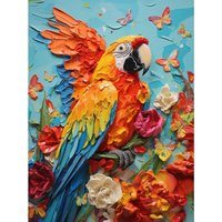 Artery8 Wall Art Print Vibrant Macaw Parrot Heavy Oil Paint with Butterflies & Flowers High Texture Artwork Poster | Size: W24" x H32"
