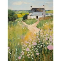 Artery8 Wall Art Print Country Farmhouse Cottage Scene Traditional Landscape Oil Painting Meadows Countryside Summer Poster | Size: W24" x H32"