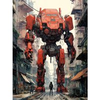 Artery8 Wall Art Print Red Mecha Robot in City Street Anime Sci-Fi Artwork Giant Humanoid Machine Fantasy Science Fiction Poster | Size: W24" x H32"