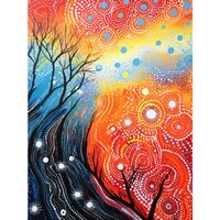 Artery8 Wall Art Print Contemporary Aboriginal Artwork in Blue & Orange Vibrant Abstract Forest Trees & Stars Poster | Size: W24" x H32"