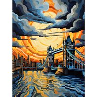 Artery8 Wall Art Print London Tower Bridge Dramatic Sunset Vibrant Artwork Blue Orange River Thames England Cloudy Sky Poster | Size: W24" x H32"