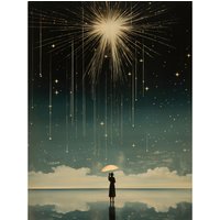 Artery8 Wall Art Print Falling Star Rain Dreamy Artwork Bright Star Wish Woman with Umbrella Fairytale Dreamscape Poster in Black | Size: W24" x H32"