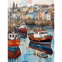 Artery8 Wall Art Print Newlyn Harbour Trawler Boats Promenade Watercolour Painting Cornwall Coastal Townscape Poster | Size: W24" x H32"