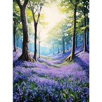 Artery8 Wall Art Print Bluebell Forest Sunshine Vibrant Artwork Purple Blue Flowers Early Morning Serene Landscape Poster | Size: W24" x H32"