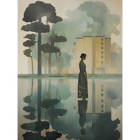 Artery8 Wall Art Print Reflecting & Reflection of Calm Artwork Modern Simple Calming Soft Painting Flat Lake Trees Poster in Grey | Size: W24" x H32"