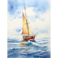 Artery8 Wall Art Print Orange Sailing Boat Watercolour Painting Bathroom Artwork Sail at Sea Seascape Poster in Blue | Size: W24" x H32"