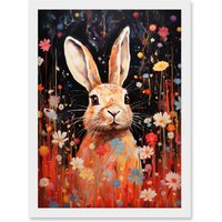 Artery8 Wall Art Print Spring Bliss Oil Painting Cute Bunny Rabbit in a Daisy Flower Meadow Kids Bedroom Artwork Framed A4 in White