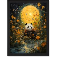 Wall Art Print Harvest Moon Panda Landscape Oil Painting Panda Bear Wildflower Meadow Flowing Stream Bedroom Artwork Framed A4