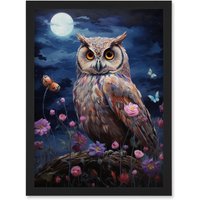Artery8 Wall Art Print Majestic Owl Portrait Oil Painting Great Horned Purple Pink Blue Full Moon in Spring Meadow with Wildflowers Artwork Framed A4