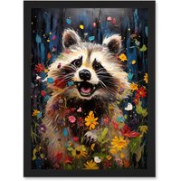 Artery8 Wall Art Print Racoon Romp Playing in a Wildflower Meadow Oil Painting Running Through Flowers in Spring Quirky Portrait Artwork Framed A4