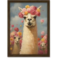 Artery8 Wall Art Print The Llama Wedding Rose Bloom Flower Headdress Fun Artwork Kids Bedroom Artwork Framed A4 in Brown