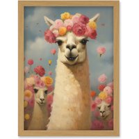 Wall Art Print Llama Wedding Bloom Flower Headdress Fun Artwork Bedroom Artwork Framed A4 Light Oak