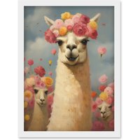 Artery8 Wall Art Print The Llama Wedding Rose Bloom Flower Headdress Fun Artwork Kids Bedroom Artwork Framed A4 in White