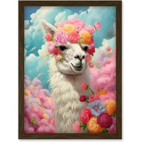 Artery8 Wall Art Print Head in the Clouds Conceptual Artwork Fabulous Carefree Llama with Rose Flower Headband Kids Room Artwork Framed A4 in Brown