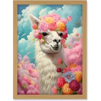 Artery8 Wall Art Print Head in the Clouds Conceptual Artwork Fabulous Carefree Llama with Rose Flower Headband Kids Room Artwork Framed A4