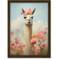 Artery8 Wall Art Print Llama & Peonies Pink Elegant Artwork Kids Bedroom Floral Portrait with Roses Artwork Framed A4 in Brown