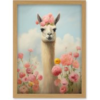 Wall Art Print Llama & Peonies Elegant Artwork Bedroom Floral Portrait Roses Artwork Framed A4 Light Oak
